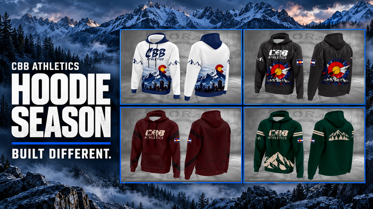 CBB Athletics Hoodie Season — Built Different. Original front and back views of Colorado Skyline and Colorado Splatter above Maroon Topo and Forest Summit, against a Colorado mountain background.