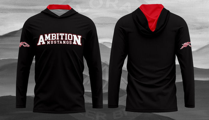 Ambition Mustangs lightweight hoodie black approved front and back mockup