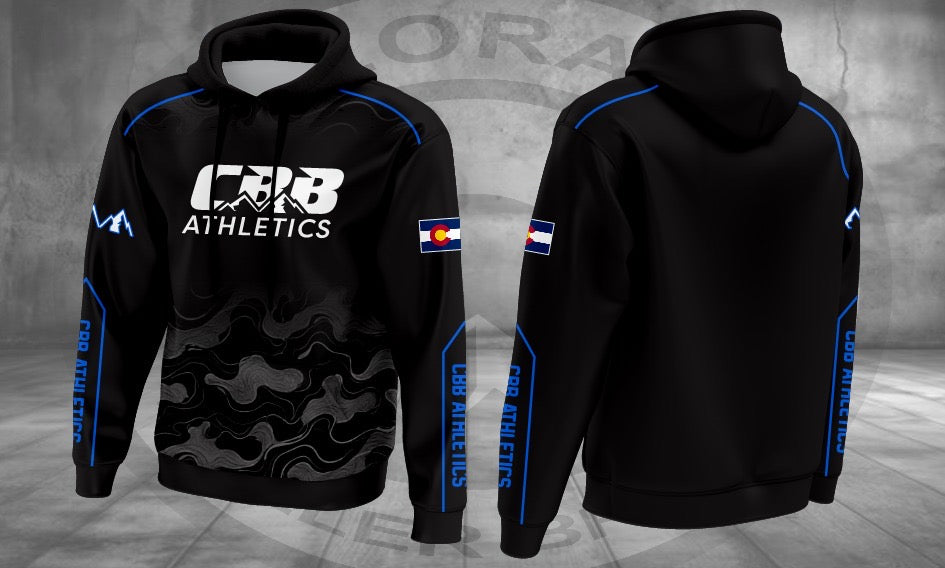 CBB Black & Electric Blue Topo Hoodie, original front and back design