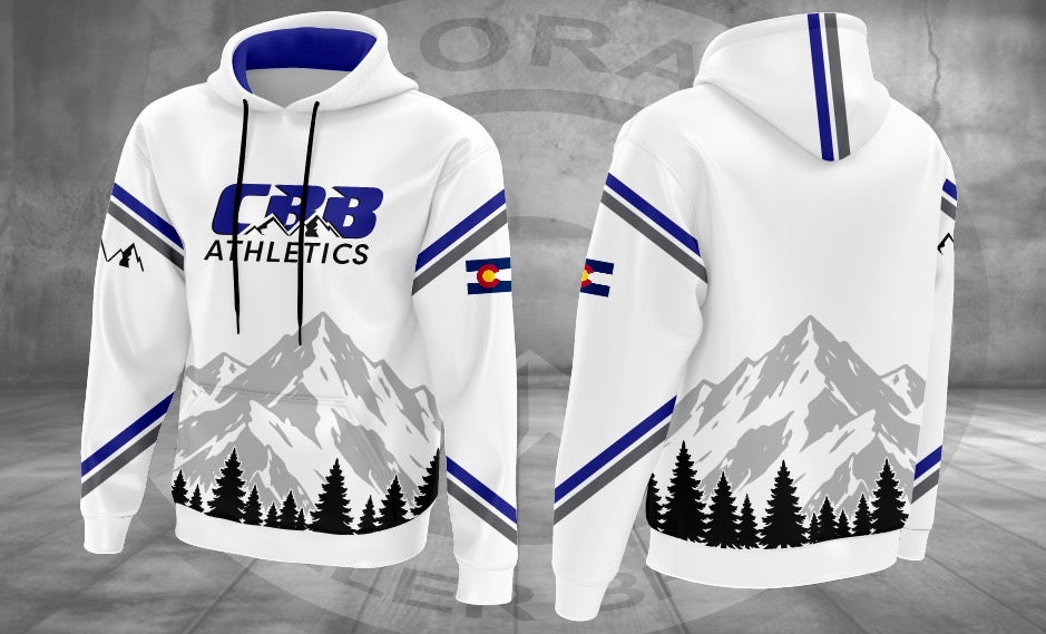 CBB White & Royal Blue Alpine Hoodie, original front and back design