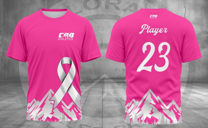 Pink October pink T-shirt front and back; optional name and number example