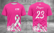 Pink October pink T-shirt front and back; optional name and number example