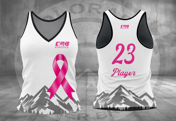 Pink October white V-neck racerback tank front and back; optional name and number example