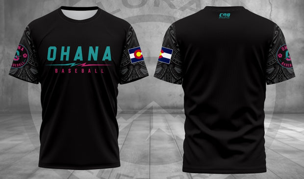 Black Ohana short sleeve with patterned Hawaiian sleeves and Colorado flags, front and back