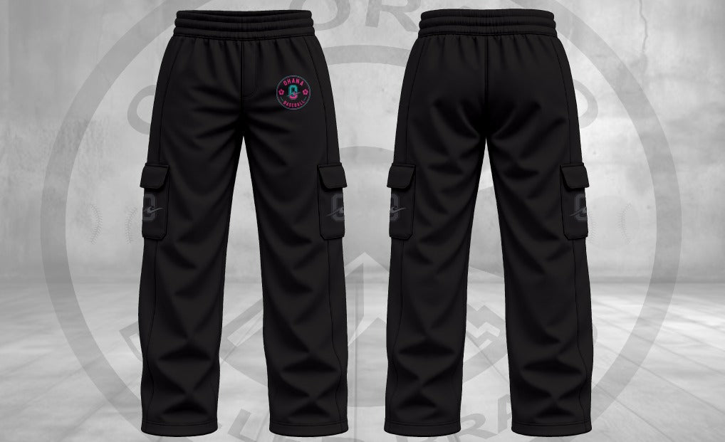 Ohana black open-bottom cargo sweats, front and back