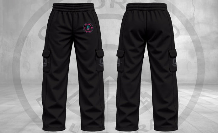 Ohana black open-bottom cargo sweats, front and back