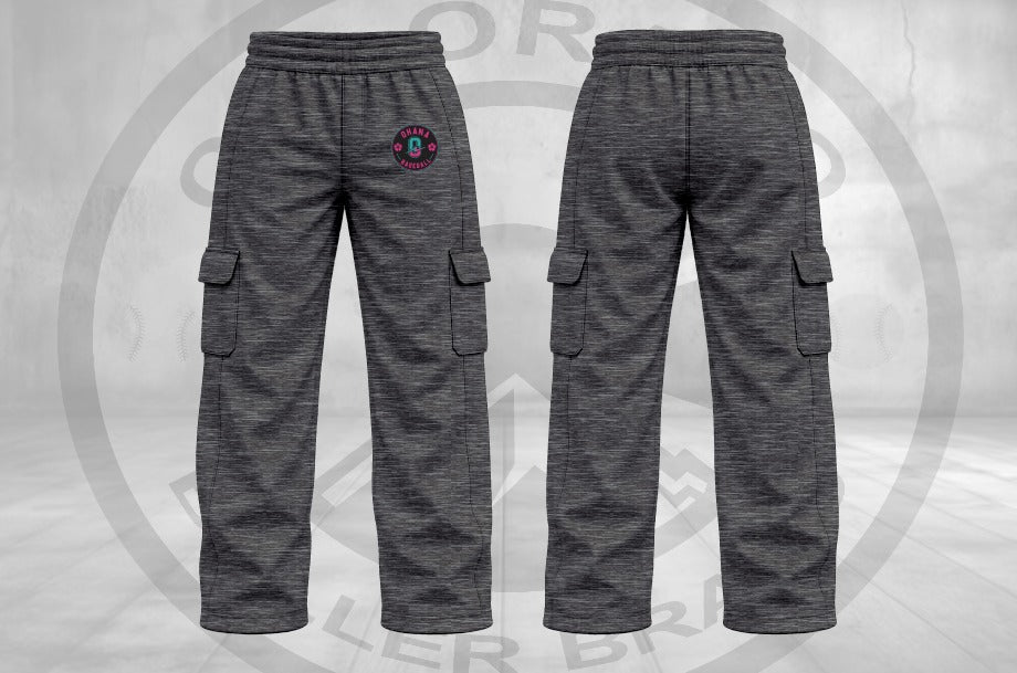 Ohana heather grey open-bottom cargo sweats, front and back